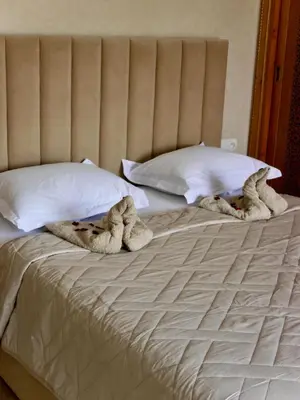 a bed with two towels on top of it at Villa Bellevue in Sbiti