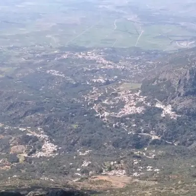 an aerial view of a city from a mountain at Gite touristique bouknala in Abinane
