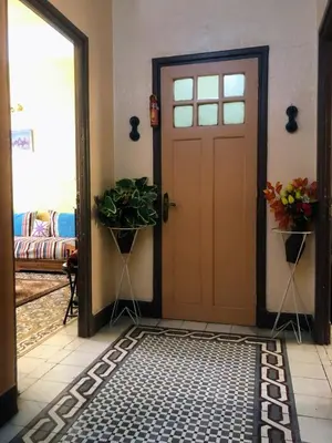 a hallway with a door and two potted plants at Tisra Appartement in Meknès