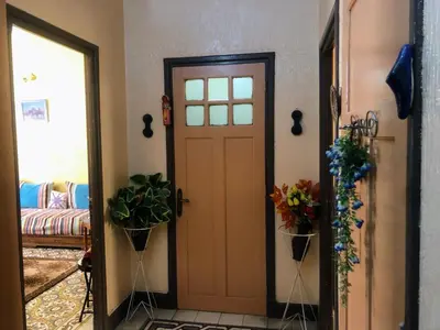 a hallway with a door and two potted plants at Tisra Appartement in Meknès