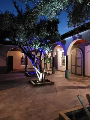 a building with a tree in a courtyard at night at Dar HISANE in Marrakech