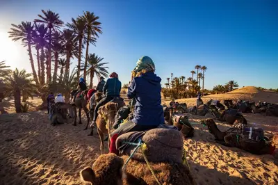 a group of people riding camels on the beach at Merzouga campsite in Merzouga