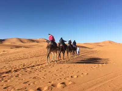a group of people riding horses in the desert at Merzouga campsite in Merzouga