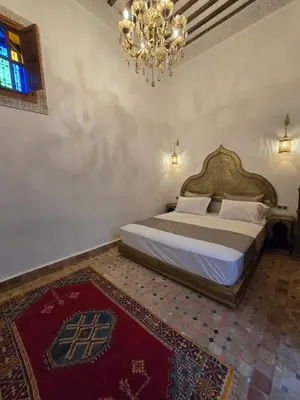 a bedroom with a bed with a chandelier and a rug at Riad Sidi in Fès