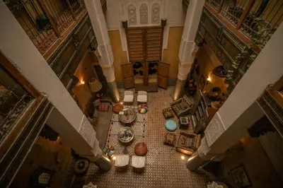 an overhead view of a living room with a table at Fez Valley Luxury Camp in Fès