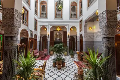 a lobby with potted plants in a building at Riad Tahra & Spa in Fès
