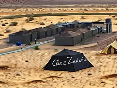 a building in the middle of the desert at chez zakaria luxury tent camp merzouga in Erfoud