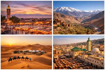 a group of four pictures of a city and a desert at chez zakaria luxury tent camp merzouga in Erfoud