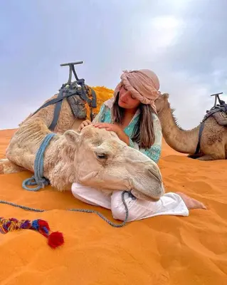 a woman sitting on a camel in the desert at Serenity desert luxury Camp in Merzouga