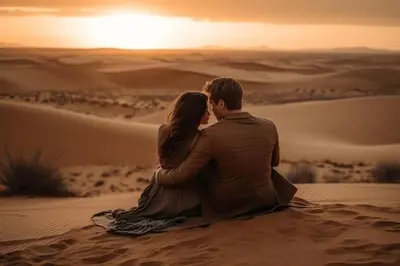 a man and woman sitting on the sand in the desert at Merzouga Queen Luxury Camp in Merzouga