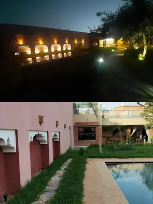 two pictures of a building and a swimming pool at House Medina Villa in Salene