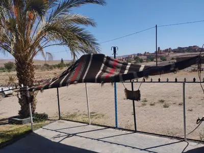 a beach umbrella on a fence with a palm tree at Chez l'habitant Fatima in Arhbar