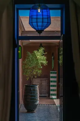 a potted plant sitting in a room with a window at Luxurious Villa with private pool - Kasbah Conti in Marrakech