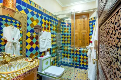 a bathroom with a shower and a toilet and a sink at Atlas Castle Marrakech in Marrakech