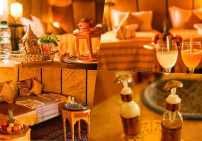 a collage of three pictures of a living room at Sahara Starlight Luxury Camp in Merzouga