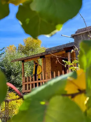 a man standing on the porch of a tree house at Gite Cathedrale Imsfrane in Temga