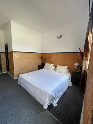 a bedroom with a large white bed in it at Hôtel Imouzzer in Ourika
