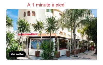 a minute aped a palm tree in front of a building at Luxueux appartement centre ville wifi 200 Mo in Fès