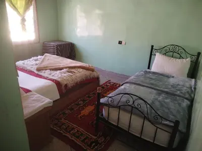 a bedroom with two twin beds and a rug at almou auberge imilchil in Imilchil