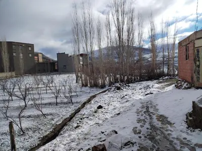 a snow covered yard with trees and a building at almou auberge imilchil in Imilchil