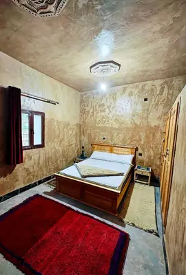 a bedroom with a bed and a red rug at Dar Tissili in Aït Tamellil