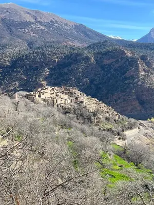 a village on a hill with the ocean in the background at Dar Tissili in Aït Tamellil