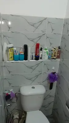 a bathroom with a toilet and a shelf with toiletries at Appartement Ghita in Fès