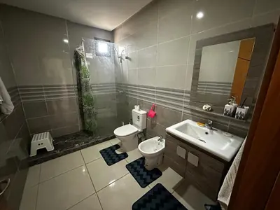 a bathroom with a toilet and a sink at Appartement Familial Spacieux Confort et Tranquillité Assurés in Oulad Akkou