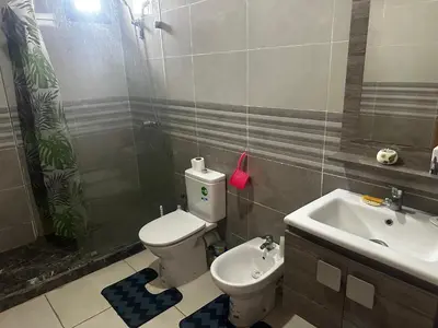 a bathroom with a toilet and a sink at Appartement Familial Spacieux Confort et Tranquillité Assurés in Oulad Akkou