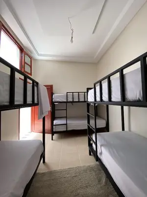 a room with three bunk beds and a window at Hostel dallas Warzazate in Ouarzazate