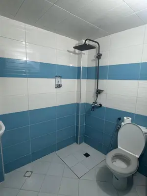a bathroom with a toilet and blue and white stripes at charmant appartement in Fès