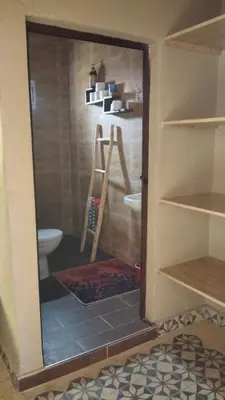 a bathroom with a shower with a toilet and a ladder at Kasbat Taslit chez l'habitant in Tabount
