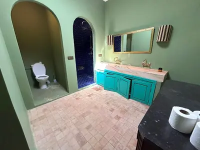 a bathroom with a toilet and a sink and a mirror at Palais Julia in Chouiter