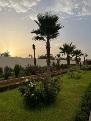 a garden with palm trees and flowers in a park at Villa La Rêverie in Ain Cheggag