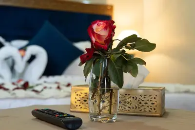 a rose in a vase next to a remote control at Riad Rayhana De L Atlas in Ourika