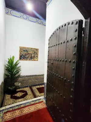 an old wooden door in a room with a plant at Riad el Anaqa in Fès