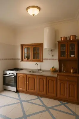 a kitchen with wooden cabinets and a sink and a stove at Tazouta Farm Villa with Pool in Tazouta