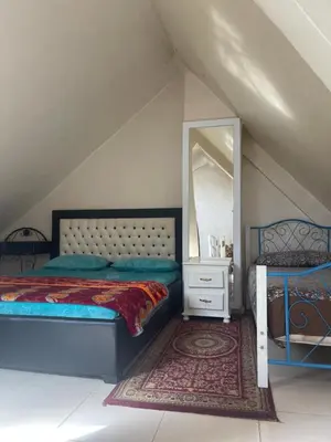 a bedroom with a bed and a mirror and a rug at Blange neige in Ifrane