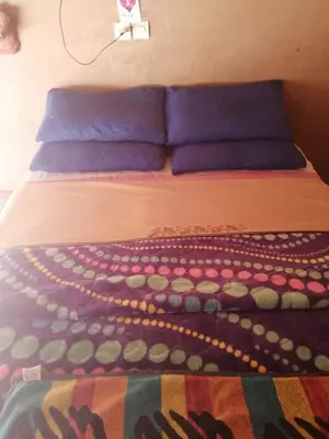 a bed with purple pillows and a blanket on it at Dar itran 2 in Mhamid