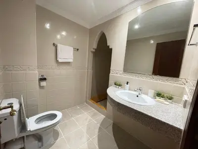 a bathroom with a sink and a toilet and a mirror at Atlas appartement in Oulad Akkou
