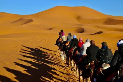 a group of people riding horses in the desert at Camp fire Dreams in Merzouga
