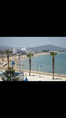 a view of a beach with palm trees and the ocean at Vistas Al mar in Oulad Akkou
