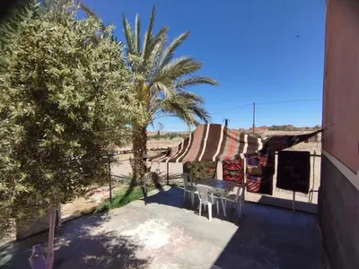 a patio with a table and chairs and a palm tree at Dar dyafa in Oulad Akkou