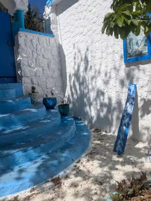 a blue stairway with two blue pots on it at Gite Montana in Aïn Leuh