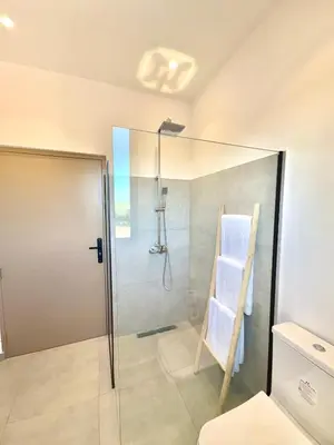 a bathroom with a glass shower with a ladder at Villa Elysia in Chaibate