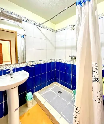 a blue and white bathroom with a sink and a shower at Hay mohamedi in Oulad Akkou