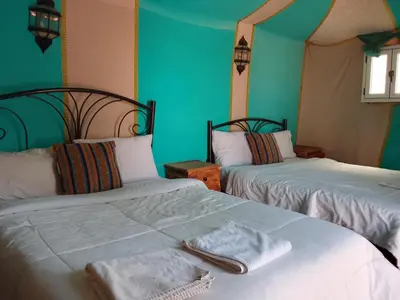 two beds in a room with green walls at hiya luxury camp in Merzouga