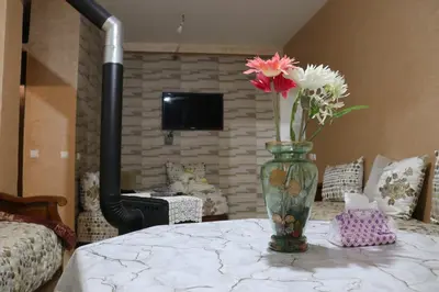 a vase with flowers on a table in a room at Appartement juste pour les familles in Ifrane