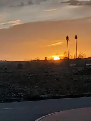 a sunset in the desert with palm trees and the sun at Saloumi Appartment in Ifrane