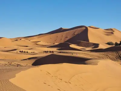 a group of people walking in the desert at Bedouin House in Merzouga
